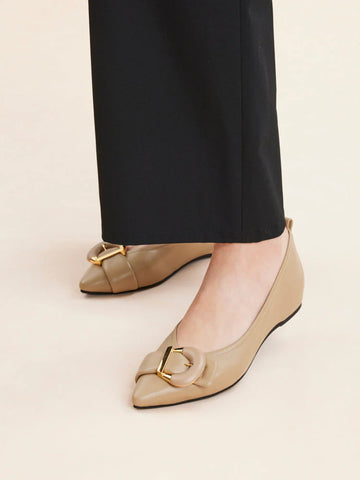 PAZZION, Megan Buckle Pointed Toe Flats, Almond